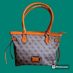 VTG GUESS 1990s Brown Orange Trim Logo Monogram Tote Bag